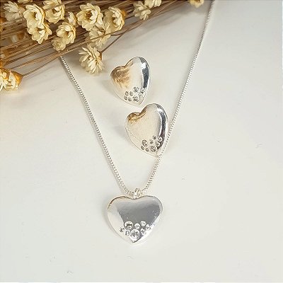 Conjunto Banhado a Prata De Coração Com Mini Zircônias Bijou Art