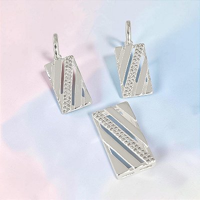 Conjunto Banhado a Prata (Brinco e Pingente) Elegante Liso Com Zircônias Bijou Art