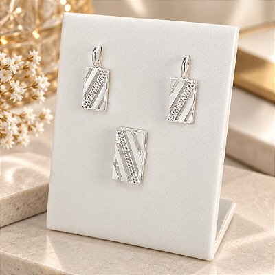 Conjunto Banhado a Prata (Brinco e Pingente) Elegante Liso Com Zircônias Bijou Art