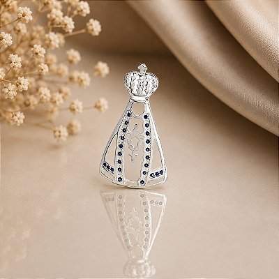 Pingente Banhado a Prata Vazado De Nossa Senhora Com Pedras Azuis Bijou Art