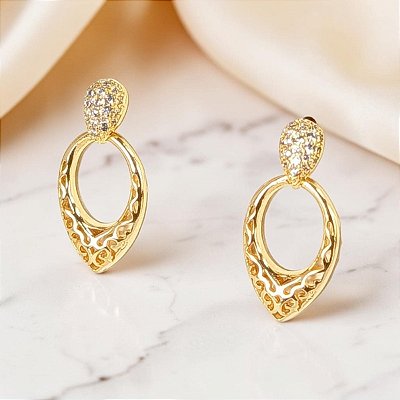 Brinco Pendurado Banhado a Ouro Com Base de Pedras e Aro Trabalhado Bijou Art