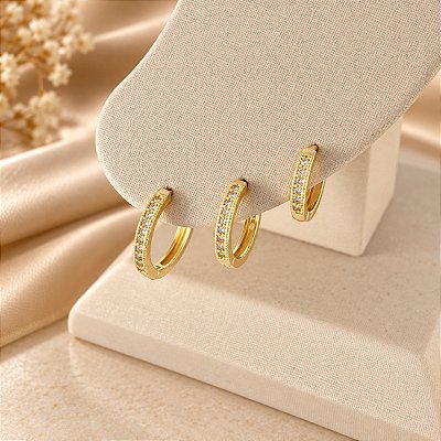 Brinco De Argola Banhado a Ouro Liso Com Fileira de Pedras Bijou Art