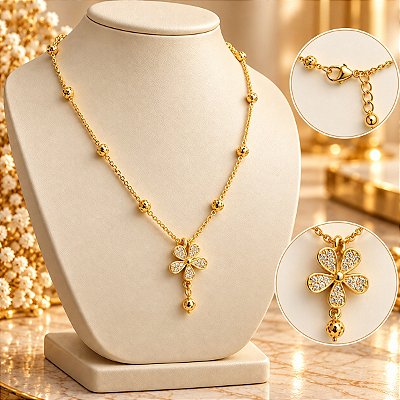 Gargantilha Banhada a Ouro Com Corrente Estilizada e Pingente De Flor