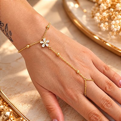 Pulseira Banhada a Ouro Hand Chain Com Pingente De Flor Bijou Art