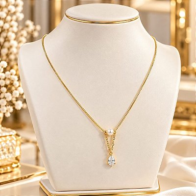 Gargantilha Banhada a Ouro Com Pérola e Gota De Zircônia Bijou Art