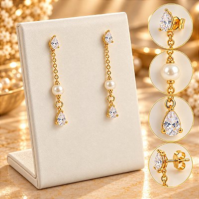 Brinco Pendurado Banhado a Ouro Com Gota De Zircônia e Pérola