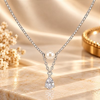 Gargantilha Banhada a Prata Com Pérola e Gota De Zircônia Bijou Art