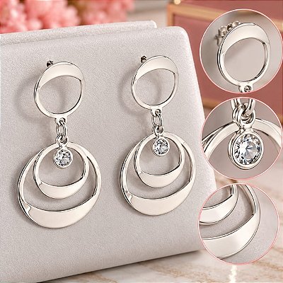 Brinco Banhado a Prata Pendurado De Aros Liso Com Pedra Bijou Art