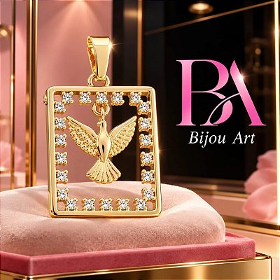 Pingente Banhado a Ouro Espirito Santo Com Moldura e Pedras Bijou Art