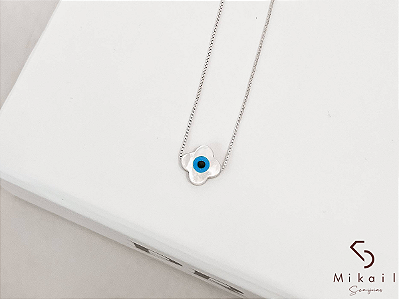 Colar de Prata Pingente de Madrepérola Olho Grego Trevo 10mm