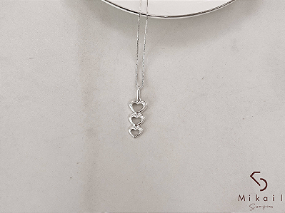 Colar de Prata Pingente 3 Corações Vazados