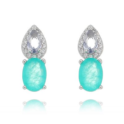 Brinco de Prata Gota Cravejado e Oval Colombiana e Tanzanita