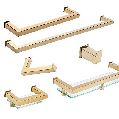 Kit Acessórios Para Banheiro com 6 Peças em Aço Inox Dourado Linha Larissa Stainless