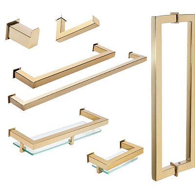 Kit Acessórios Para Banheiro com 7 Peças em Aço Inox Dourado Linha Larissa Stainless