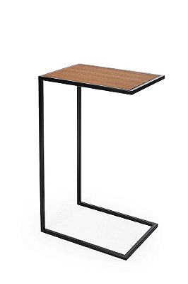 Mesa de Apoio/Lateral com Tampo de Madeira de 40cm x 30cm (66cm) de altura em Aço Carbono Pintado de Preto Stainless