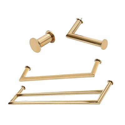 Kit Acessórios Para Banheiro com 4 Peças em Aço Inox Dourado Linha Tessália com toalheiro duplo Stainless