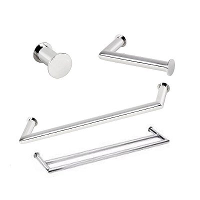 Kit Acessórios Para Banheiro com 4 Peças em Aço Inox Polido Brilhante Linha Tessália com toalheiro duplo