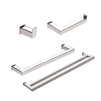 Kit Acessórios Para Banheiro com 4 Peças em Aço Inox Polido Linha Larissa com toalheiro duplo Stainless