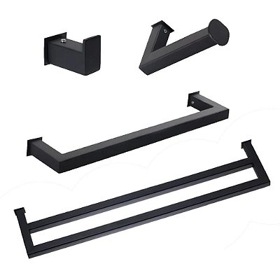 Kit Acessórios Para Banheiro com 4 Peças em Aço Inox Black Matte Preto Fosco com toalheiro Duplo Stainless