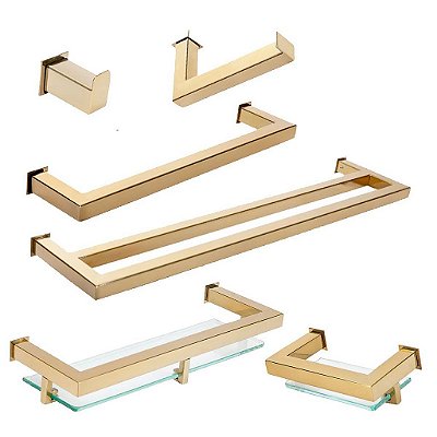 Kit Acessórios Para Banheiro com 6 Peças em Aço Inox Dourado Linha Larissa Stainless