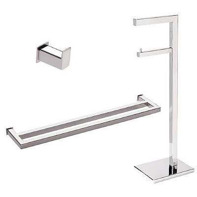Kit Acessorios para Banheiro com 3 Peças em aço inox Polido Linha Larissa com Toalheiro Duplo Stainless