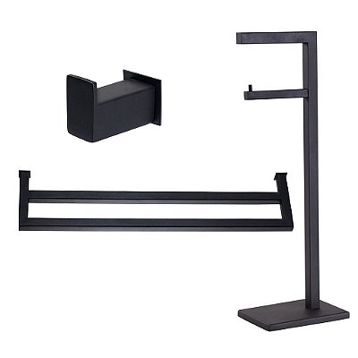 Kit Acessórios Para Banheiro com 3 Peças em Aço Inox Preto Fosco Texturizado com toalheiro Duplo Stainless