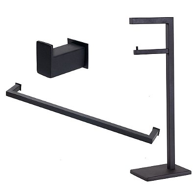 Kit Acessórios Para Banheiro com 3 Peças em Aço Inox Preto Fosco Texturizado com toalheiro Simples Stainless