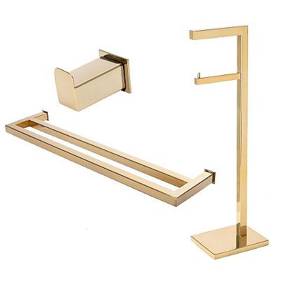 Kit Acessórios Para Banheiro com 3 Peças em Aço Inox Dourado Linha Larissa com toalheiro Duplo Stainless