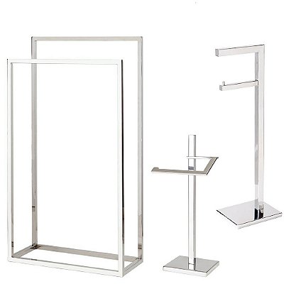 Kit Acessorios para Banheiro com 3 Peças em Aço Inox Polido Linha Larissa com Toalheiro de Piso Stainless