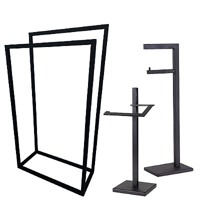 Kit Acessorios para Banheiro com 3 Peças em Aço Inox Preto fosco Linha Larissa com Toalheiro de Piso Stainless