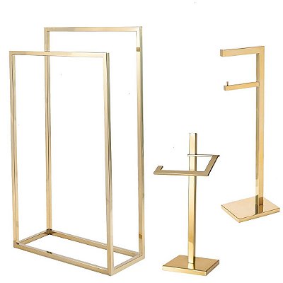 Kit Acessorios para Banheiro com 3 Peças em Aço Inox Dourado Brilhante Linha Larissa com Toalheiro de Piso Stainless