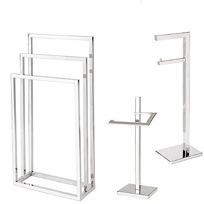 Kit Acessórios de banheiro com 3 peças em aço inox Polido Linha Larissa com toalheiro de piso triplo Stainless