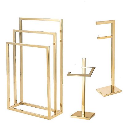 Kit Acessorios para Banheiro com 3 Peças em Aço Inox Dourado Brilhante Linha Larissa com Toalheiro de Piso Triplo Stainless