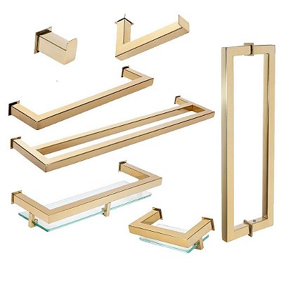 Kit Acessórios Para Banheiro com 7 Peças com Toalheiro Duplo em Aço Inox Dourado Linha Larissa Stainless