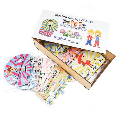12 Kits Quebra Cabeça Educativo Aprendendo Silabas Profissões Madeira