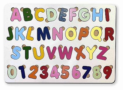 Brinquedo Educativo Tabuleiro Encaixe Alfabeto + Numerais Mdf Branco - Mega Impress