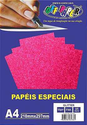 Papel A4 Glitter Pink 180G C/5 Folhas Off Paper