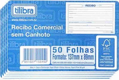 KIT. Recibo Comercial S/ Canhoto 1/4 50 Folhas Tilibra - 5 blocos