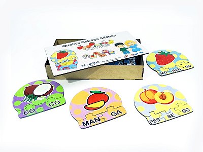 12 Kits Quebra Cabeça Educativo Sílabas Frutas Madeira - Mega Impress