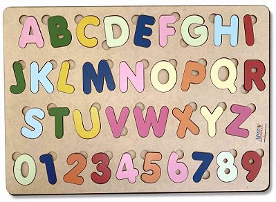 Brinquedo Educativo Tabuleiro Encaixe Alfabeto + Numerais Mdf - Mega Impress