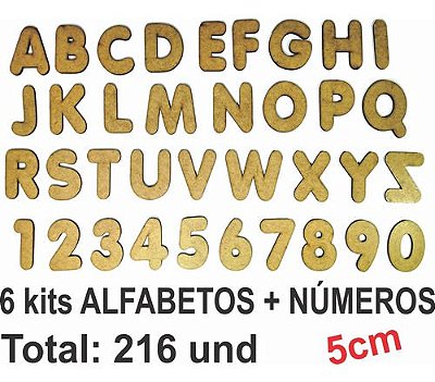 6 Alfabetos e Números Mdf Madeira 5cm 216 Letras e Número - Mega Impress