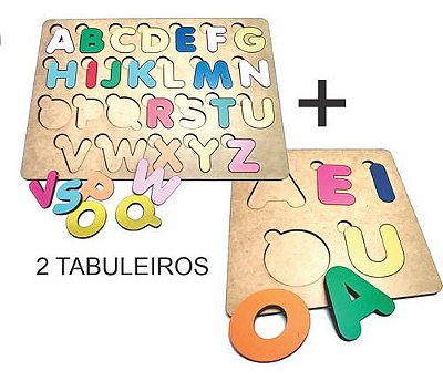 KIT BRINQUEDO MADEIRA LETRAS COLORIDAS - ALFABETO E VOGAIS - MEGA IMPRESS