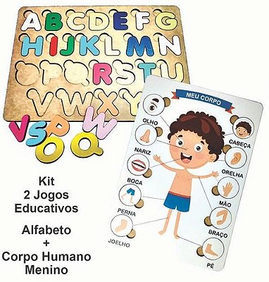 KIT BRINQUEDO EDUCATIVO MDF CORPO HUMANO MENINO + ALFABETO - MEGA IMPRESS