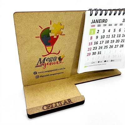 Calendário de Mesa Porta Celular Personalizado em Madeira Mdf