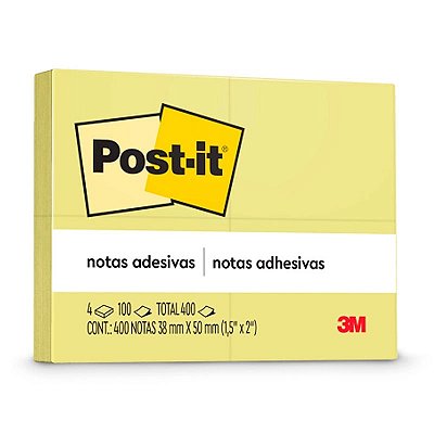 Bloco Adesivo Post-It 38x50 Amarelo 100 653 C/4 3m