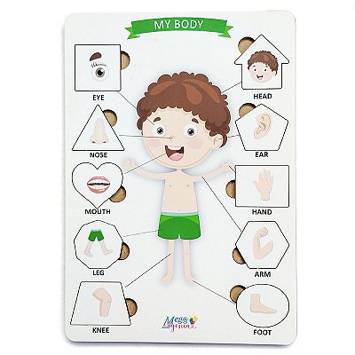 Brinquedo Educativo Tabuleiro Encaixe Inglês Corpo Humano Menino  Mdf - Mega Impress