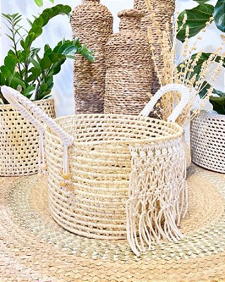 Cesto com Alças Cidreira | Palha de Carnaúba com Macrame