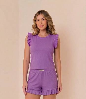 Conjunto Delicata Pijama Feminino com Blusa Regata e Short com Babado
