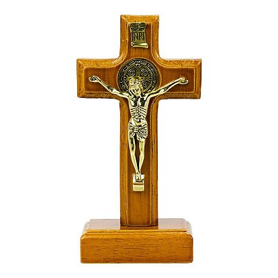 Crucifixo de mesa madeira e metal 11cm