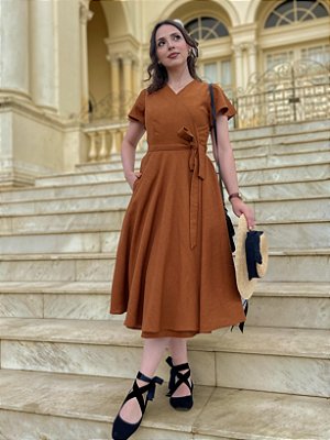 Vestido de Linho Riviera (Caramelo - Manga Borboleta)